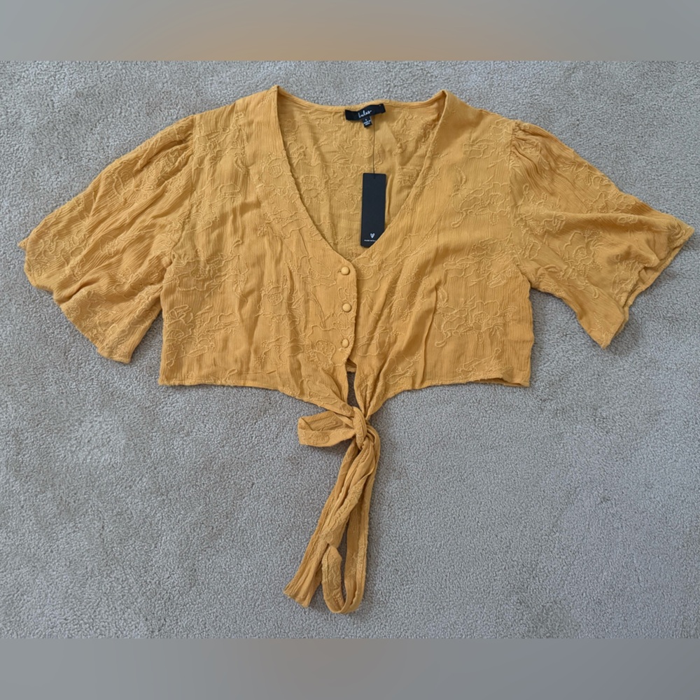 Delightful Darling Yellow Floral Embroidered Tie-Front Crop Top